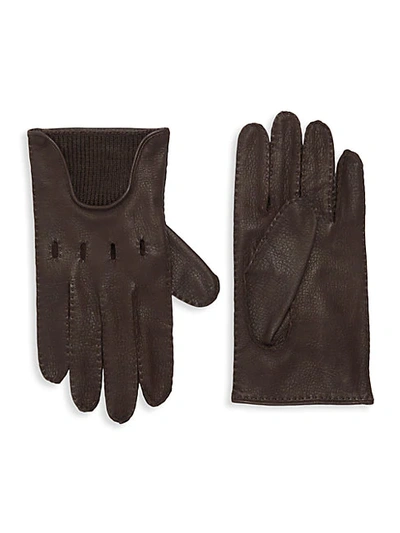 Shop Portolano Textured Merino Wool-trim Leather Gloves In Brown