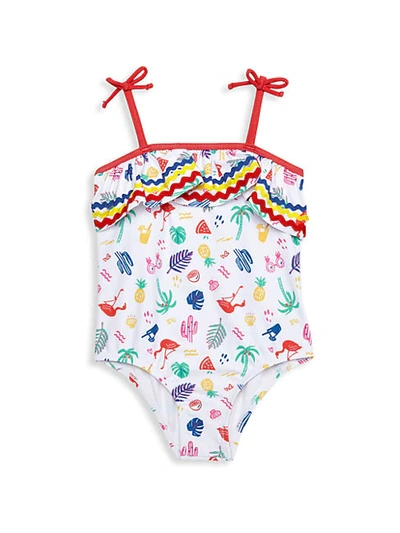 Shop Andy & Evan Little Girl's Printed Ruffle Swimsuit In White Multi