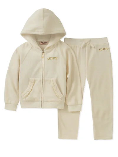 Shop Juicy Couture Little Girl's 2-piece Crown Logo Velour Hoodie & Joggers Set In Cream