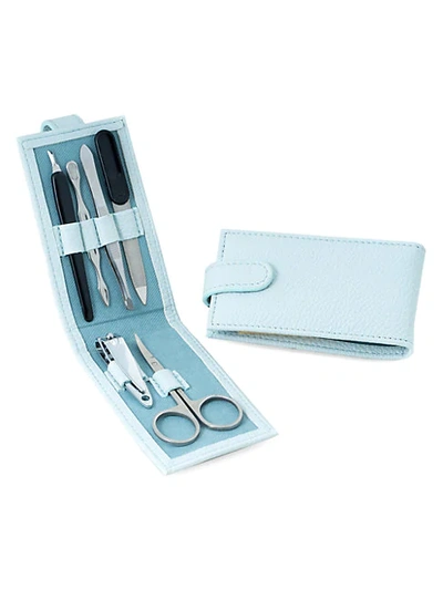 Shop Bey-berk 7-piece Leather & Stainless Steel Manicure Set In Blue