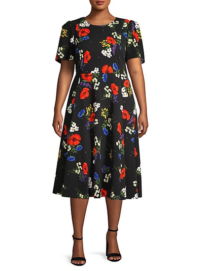 Shop Calvin Klein Plus Floral Puff-sleeve Dress In Black Multi