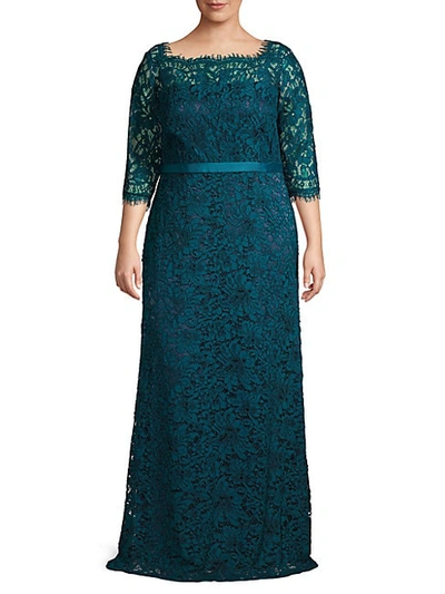 Shop Js Collections Plus Boatneck Eyelash Lace Gown In Mineral Blue