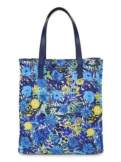 Shop Prada Floral Nylon Tote In Blue Yellow