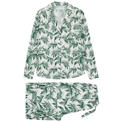 Shop Desmond & Dempsey Byron White Printed Cotton Pyjama Set In Green