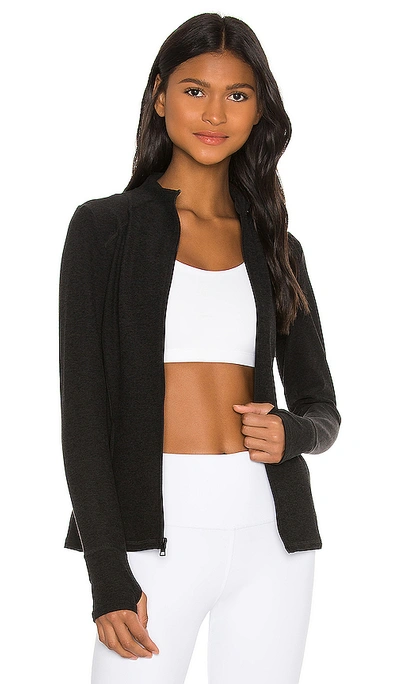 Shop Beyond Yoga Spacedye Fitted Mock Neck Jacket In Darkest Night