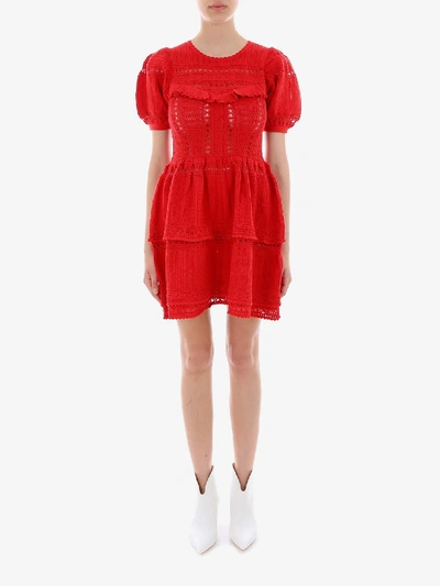 Shop Self-portrait Knitted Lace Mini Dress In Red