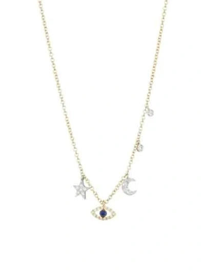 Shop Meira T Women's 14k Yellow Gold, Diamond & Sapphire Evil Eye Charm Necklace