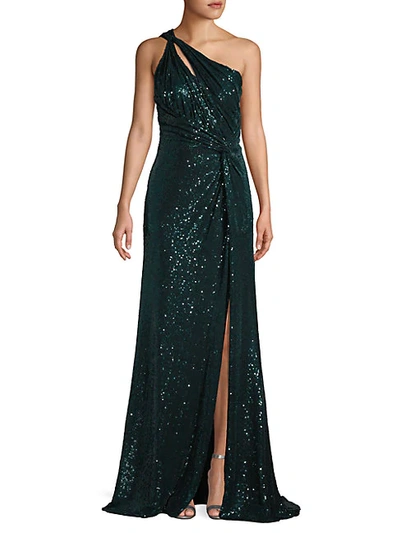 Shop Rene Ruiz Collection Draped Sequin One-shoulder Gown In Black