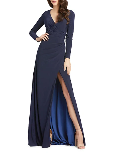 Shop Mac Duggal Long-sleeve Faux Wrap Gown In Midnight