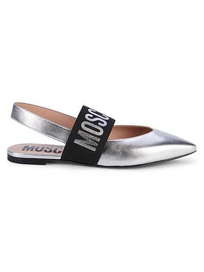 Shop Moschino Logo Strap Metallic-leather Slingback Flats In Silver