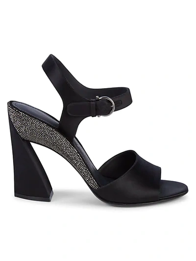 Shop Ferragamo Embellished Satin Block-heel Sandals In Black
