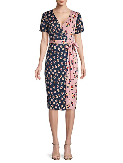 Shop Bcbgeneration Short-sleeve Colorblock Floral Wrap Dress In Indigo