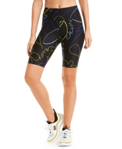 Shop Calvin Klein Performance Printed High-waist Bike Shorts In Linework Bold Blue Combo