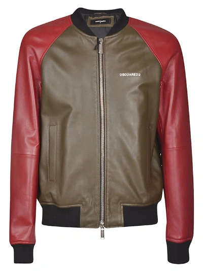 Shop Dsquared2 Logo Print Zip Bomber In Brown/red