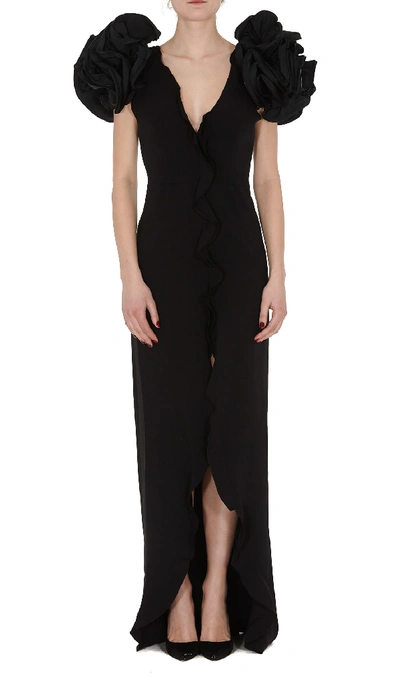 Shop Alessandra Rich Long Dress With Ruffled Sleeves In Black