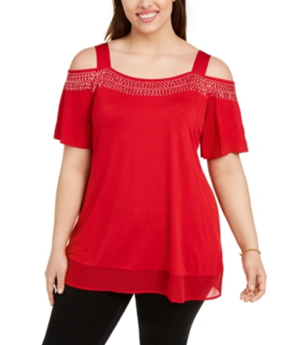 Shop Belldini Plus Size Cold-shoulder Top In  Red
