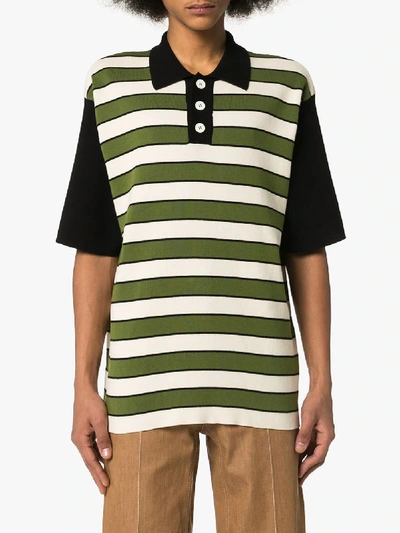 Shop Sunnei Mens Green Striped Fine Knit Polo Shirt