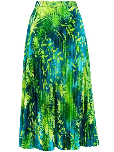 Shop Versace Jungle Print Pleated Midi Skirt In Green