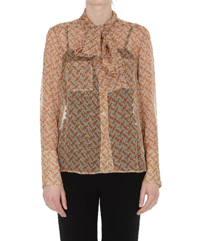 Shop Burberry Silk Shirt With Monogram Print In Orange