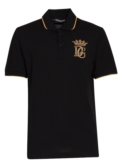 Shop Dolce & Gabbana Black Logo-embroidered Piqué Cotton Polo Shirt In Nero