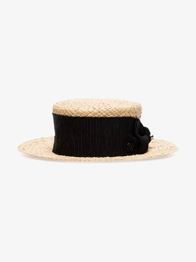 Shop Maison Michel Beige Kiki Woven Raffia Boater Hat In Neutrals