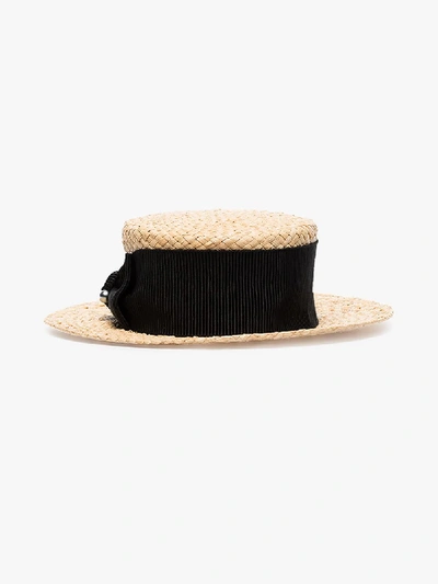 Shop Maison Michel Beige Kiki Woven Raffia Boater Hat In Neutrals