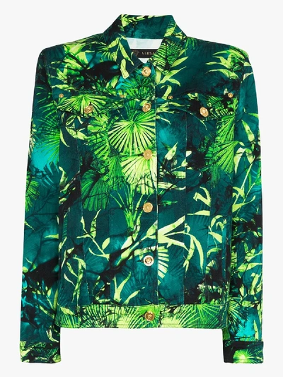 Shop Versace Jungle Print Denim Jacket In Green