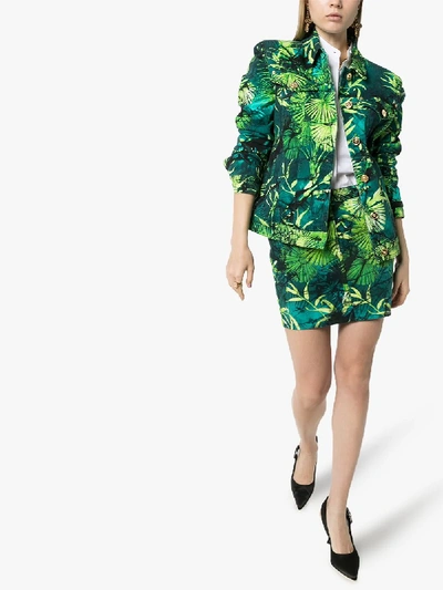 Shop Versace Jungle Print Denim Jacket In Green