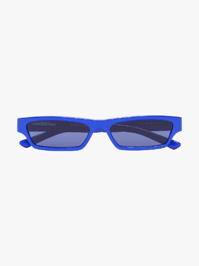 Shop Balenciaga Blue Narrow Rectangular Sunglasses