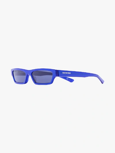 Shop Balenciaga Blue Narrow Rectangular Sunglasses