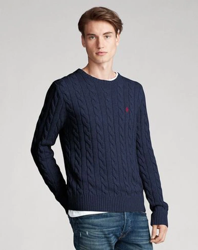 Shop Polo Ralph Lauren Cable Knit Cotton Sweater Man Sweater Midnight Blue Size Xxl Cotton