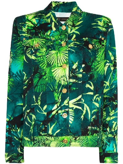Shop Versace Palm Print Denim Jacket In Green