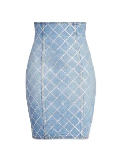 Shop Balmain Strass Denim Skirt In Blue Jean Cristal