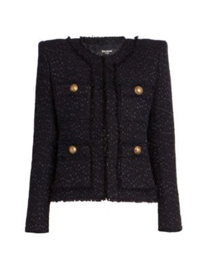 Shop Balmain Collarless Tweed Jacket In Blue Nuit