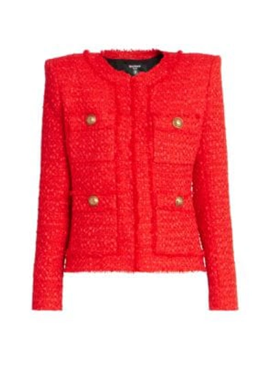 Shop Balmain Women's Collarless Tweed Jacket In Rouge