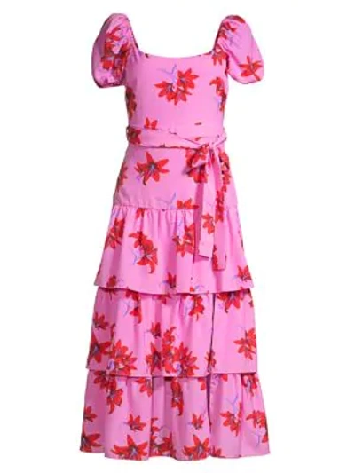 Shop Likely Lottie Puff-sleeve Floral Midi Dress In Red Pink Multi