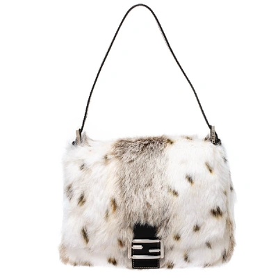 Pre-owned Fendi White/brown Rabbit Fur And Leather Baguette Bag