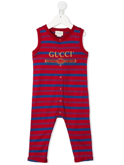 Shop Gucci Striped Logo Print Romper In Red