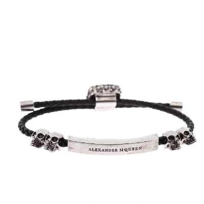 Pre-owned Alexander Mcqueen Crystal Skull Silver Tone Leather Adjustable Bracelet In Black
