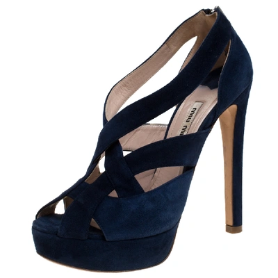Pre-owned Miu Miu Blue Suede Leather Strappy Platform Sandals Size 36.5