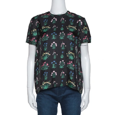 Pre-owned Valentino Black Floral Print Silk Short Sleeve Top S