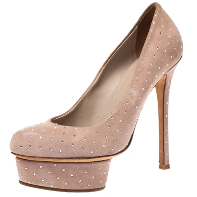 Pre-owned Le Silla Beige Crystal Embellished Suede Platform Pumps Size 36