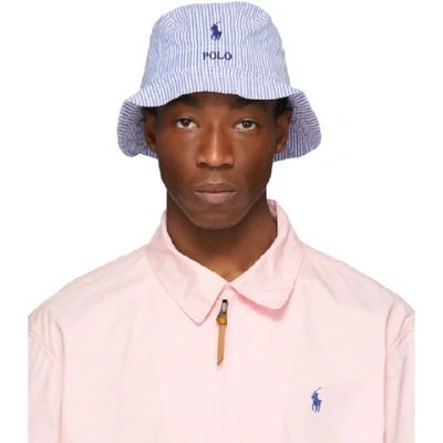 Shop Polo Ralph Lauren Blue And White Striped Seersucker Bucket Hat In Blue/white