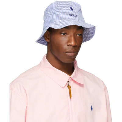 Shop Polo Ralph Lauren Blue And White Striped Seersucker Bucket Hat In Blue/white