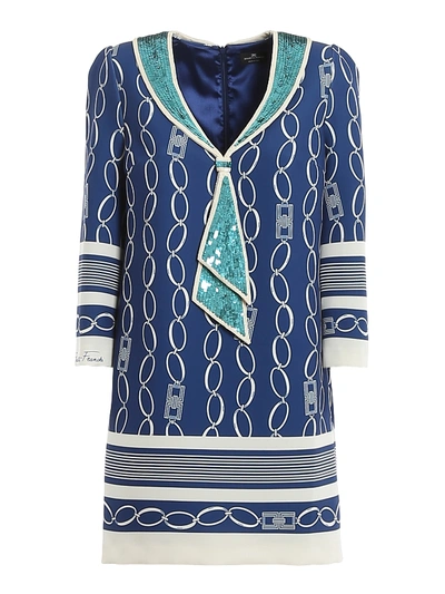 Shop Elisabetta Franchi Chain Logo Printed Dress In Blue