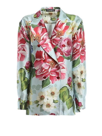 Shop Dolce & Gabbana Floral Print Shantung Blazer In Light Blue