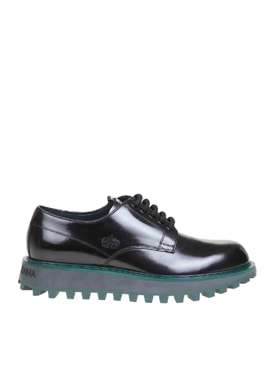 Shop Dolce & Gabbana Derby Shoes In Black With Petrol-colored Sole