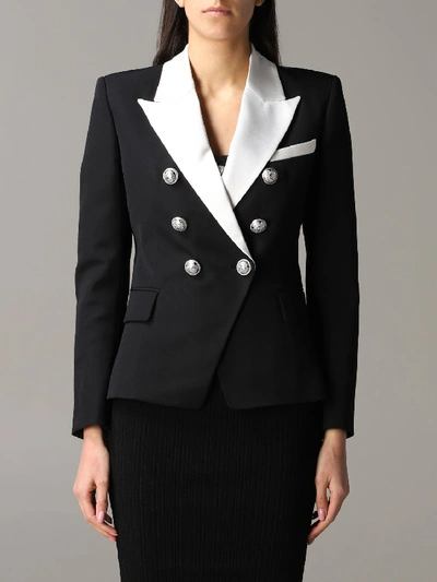 Shop Balmain Double-breasted Jacket With Contrasting Collar In Black