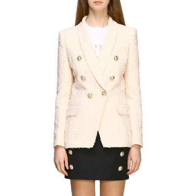 Shop Balmain Double-breasted Tweed Jacket With Jewel Buttons In Powder