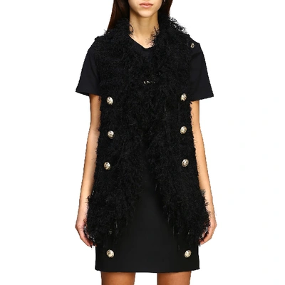 Shop Balmain Tweed Waistcoat With Fringes And Jewel Buttons In Black